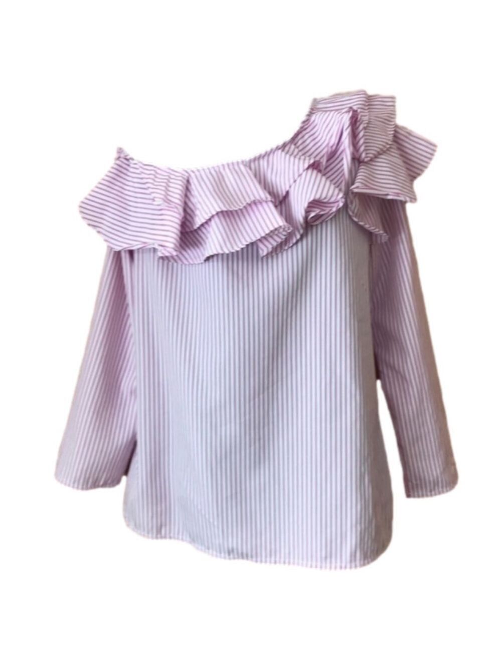 Double Ruffle pink white Striped One Shoulder 3/4 sleeve Blouse Size large